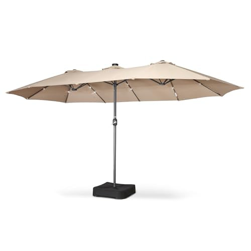 HOME ZONE LIVING 15X9FT DOUBLE HEAD PATIO UMBRELLA WITH BASE 36 LED SAND BAGS - Like New