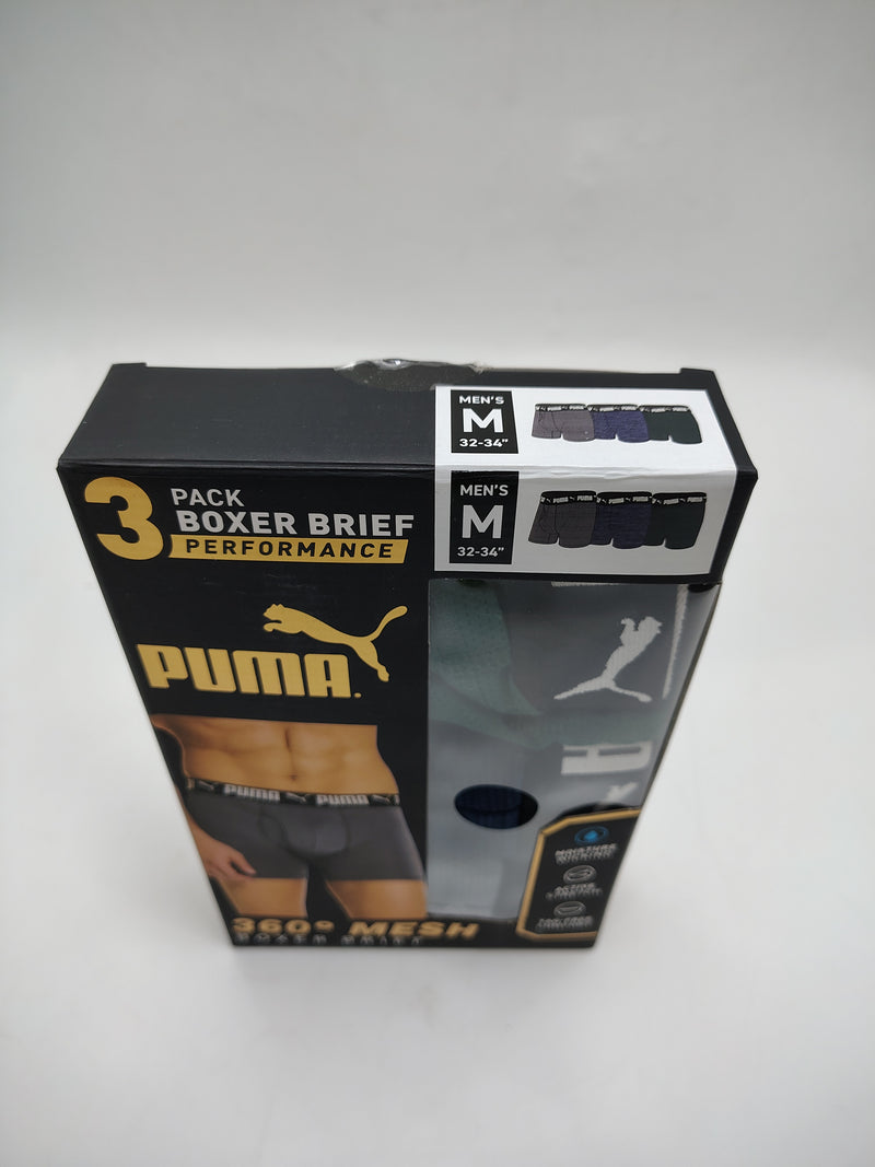 PUMA 3 PACK BOXER BRIEF PERFORMANCE 360 MESH DRYCELL - SIZE: M - BLUE/GREEN/GRAY - Brand New