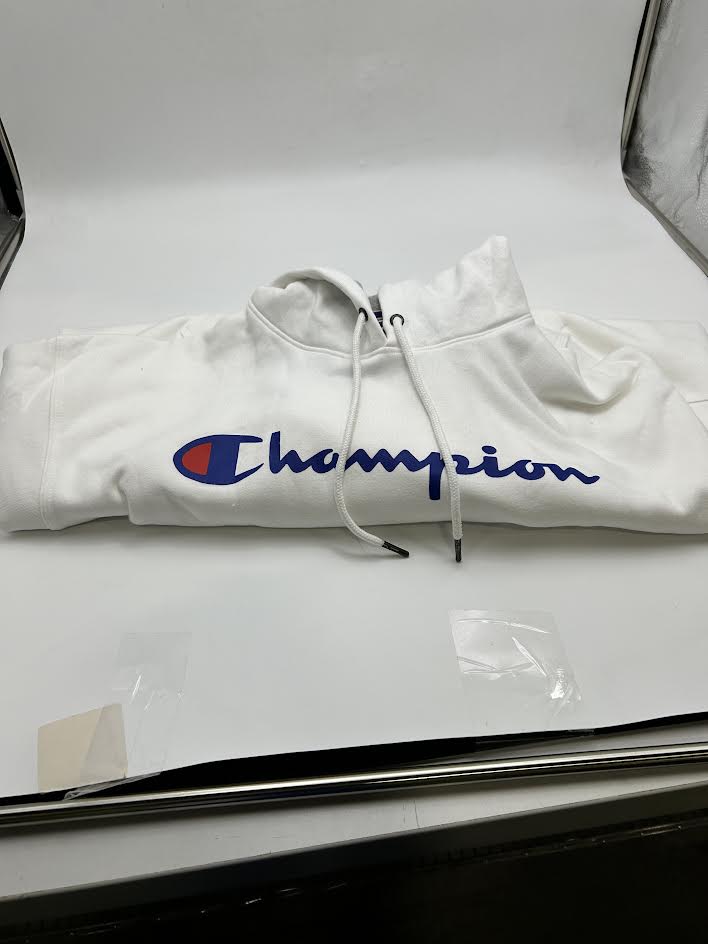 CHAMPION POWERBLEND HOODIE, FULL SCRIPT LOGO - SIZE: MEN XL - WHITE - Brand New