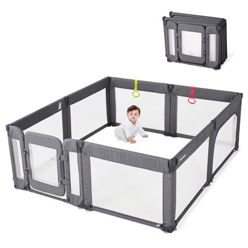 DORA DOTEY BABY PLAYPEN WITH DOOR FOLDABLE ADJUSTABLE PLAY PEN, DEEP GRAY - Like New