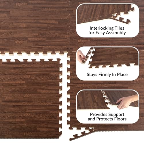 Stalwart 6 Pack Foam Tiles 24 sqft Wood Grain Interlocking, Dark Wood Grain - Brand New