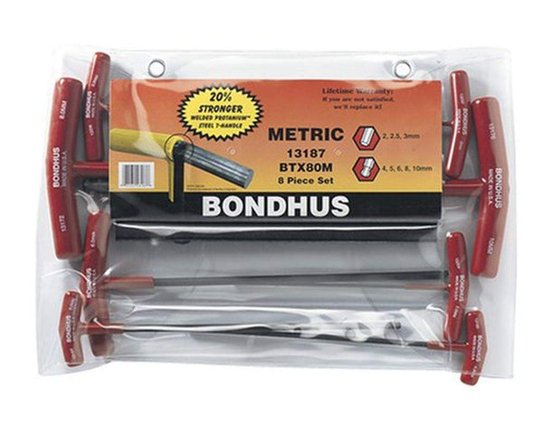 BONDHUS 13187 SET OF 8 BALLDRIVER AND HEX T-HANDLES, SIZES 2-10MM - Like New