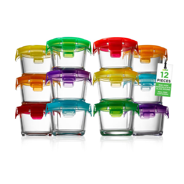 NUTRICHEF 24 PIECE 12 GLASS FOOD STORAGE CONTAINERS MEAL PREP MULTICOLOR - Brand New