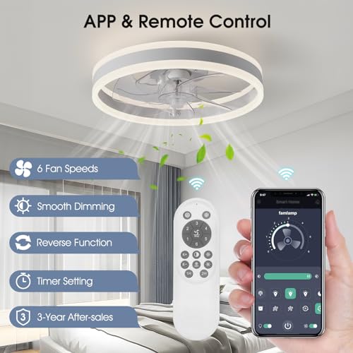 AHAWILL 15.7" LOW PROFILE CEILING FAN LIGHT REMOTE MODERN FLUSH MOUNT - WHITE - Brand New