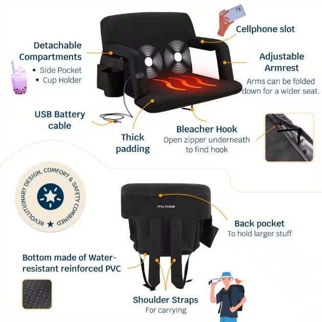 ALPCOUR HEATED MASSAGE RECLINING STADIUM SEAT 25" WIDE - BLACK - Like New