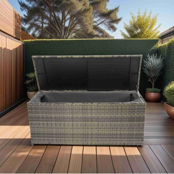 BED BATH & BEYOND GREY WICKER OUTDOOR CUSHION STORAGE BOX 113 GALLON - SILVER - Like New