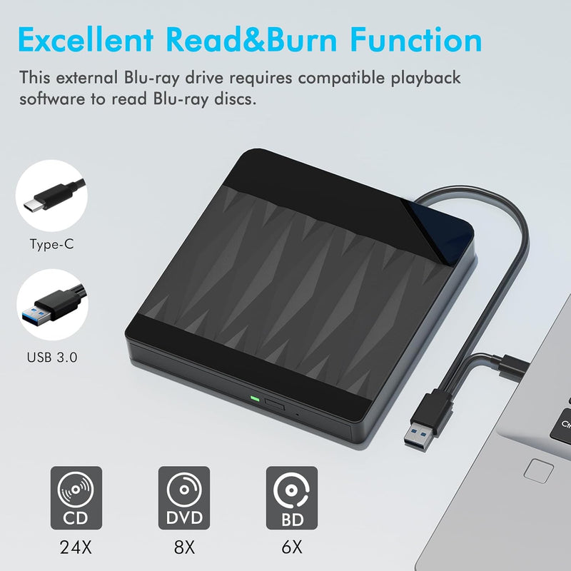 GENERIC EXTERNAL BLU RAY DRIVE, BLU RAY BURNER SUPPORT 50G DISC READ/WRITE BLACK - Like New