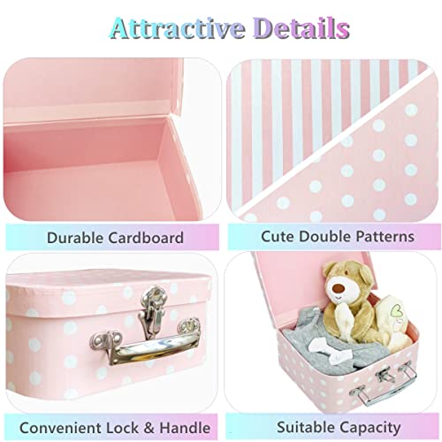 AMEDOO PAPERBOARD SUITCASES SET OF 3 DECORATIVE BOXES STORAGE PINK DOTS STRIPES - Like New