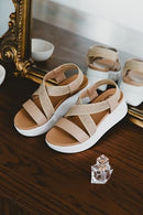 DAISY FUENTES WOMEN'S WEDGE SANDALS FRILL, SIZES 6-10, SIZE 7, LATTE - Like New