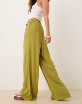 ASOS DESIGN LINEN LOOK PULL ON PANTS - SIZE: WOMEN L - OLIVE GREEN - Like New