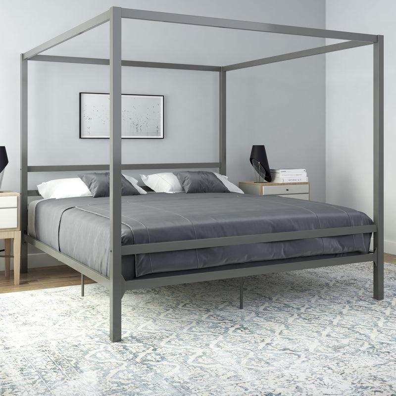 DHP King Metal Canopy Bed, Modern Design with Built-In Headboard, Sturdy Frame - Like New
