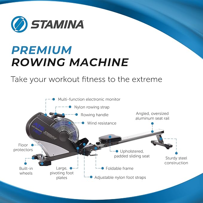 Stamina ATS Air Rower Smart Workout App No Subscription Required - Gray Like New