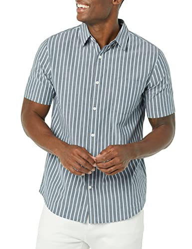 AMAZON ESSENTIALS MEN'S SLIM-FIT SHORT-SLEEVE POPLIN NAVY WHITE STRIPE M - Brand New