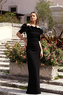 3856X XSCAPE WOMENS LONG OFF THE SHOULDER SCUBA CREPE DRESS SIZE 14 BLACK - Brand New