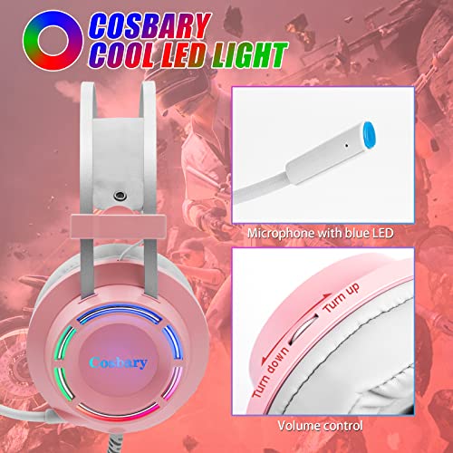 COSBARY Gaming Headset with Mic, 7.1 Surround Sound Headphones - Pink - Like New