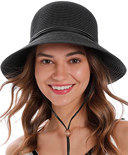 SIMPLICITY WOMEN'S UPF 50+ WIDE BRIM BRAIDED STRAW SUN HAT MEN WOMEN - BLACK - Like New