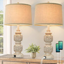 VERON FARMHOUSE TABLE LAMPS SET 2 26” TALL NIGHTSTAND USB PORTS WASHED WHITE - Like New