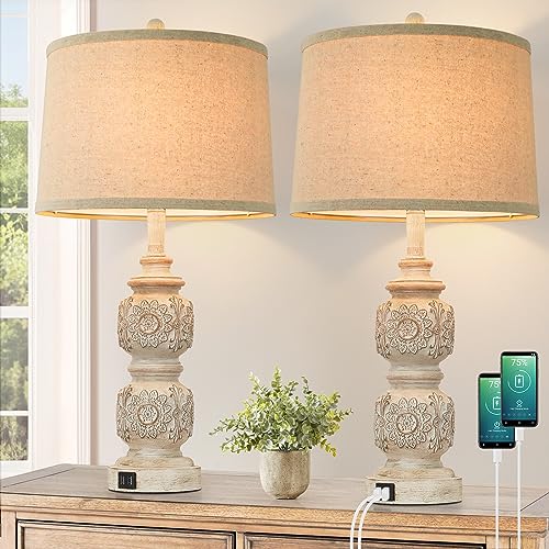 VERON FARMHOUSE TABLE LAMPS SET 2 26” TALL NIGHTSTAND USB PORTS WASHED WHITE - Like New