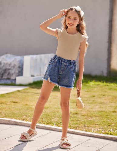 FLYPIGS GIRLS T SHIRTS RUFFLE SLEEVE SUMMER CASUAL RIBBED 5-6Y WOMEN 120 - BEIGE - Brand New