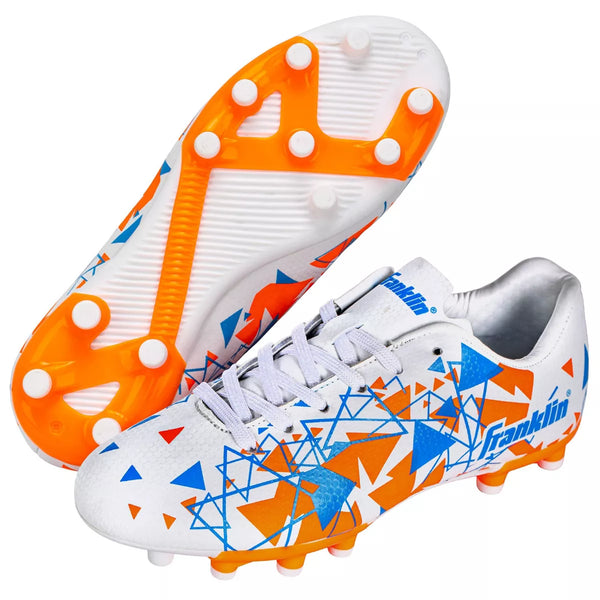 FRANKLIN SPORTS SOCCER CLEAT DESIGN HARD OUTSOLE SIZE: Y-11 - WHITE/ORANGE/BLUE - Like New