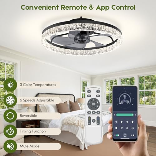 Ceiling Fans with Lights and Remote, 20'' Smart Low Profile Ceiling Fans - BLACK - Like New