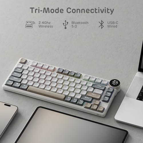 RK ROYAL KLUDGE N80 LOW PROFILE MECHANICAL KEYBOARD W/SMART DISPLAY - SANDY GRAY - Like New
