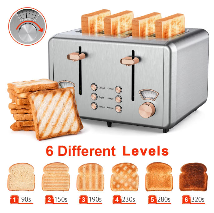 WHALL 4 Slice Toaster Stainless Steel Dual Control Panels KST023GU - Silver/Pink Like New