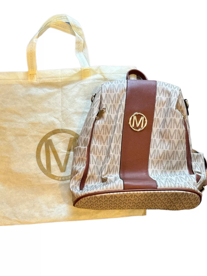 MARCO M BACKPACK LUXURY PURSE MULTIPLE POCKETS DUST COVER - MONOGRAM/CREME - Like New