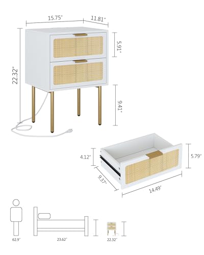 AOBAFUIR RATTAN NIGHTSTAND CHARGING STATION 2 DRAWER DRESSER BEDROOM - WHITE - Like New