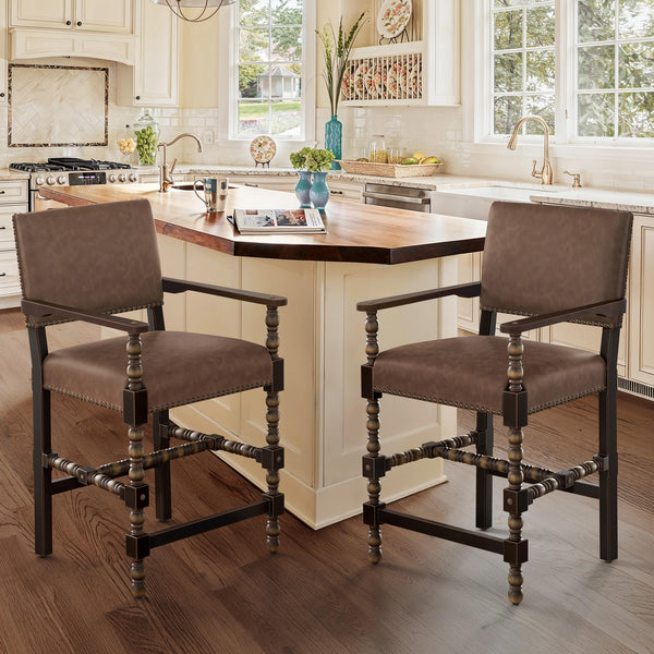 COZYMAN COUNTER HEIGHT BAR STOOLS SET OF 2 26''FRENCH LEATHER - BROWN/ESPRESSO - Like New