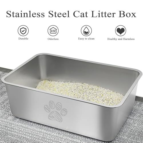 PTWAA Stain Resistant Cat Litter Box High Side Cats Toilet Metal KITTEN - SILVER - Like New