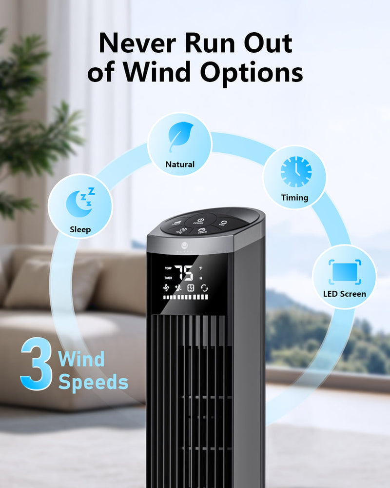 ZACHVO TOWER FAN 28DB QUIET FOR SLEEP, REMOTE, 80° OSCILLATION 15H TIMER - BLACK - Like New