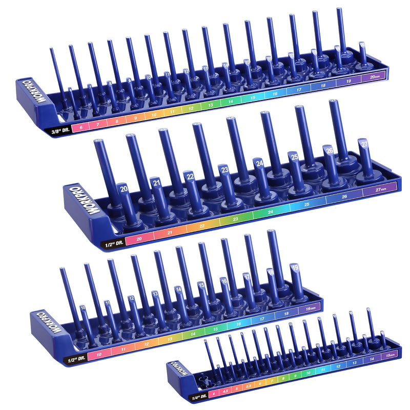 WORKPRO Socket Organizer Set, 4PC, 1/4", 3/8", 1/2" Drive W004741A - BLUE - Like New
