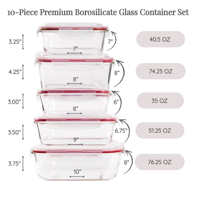 LEXI HOME 10-PIECE PREMIUM GLASS FOOD STORAGE CONTAINER SET WITH RED LOCKING LID - Like New