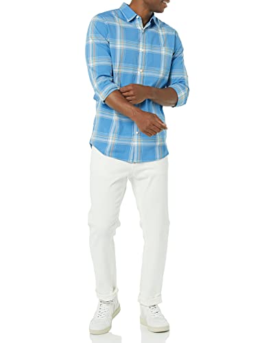 AMAZON ESSENTIALS LONG-SLEEVE SLIM-FIT STRETCH MEN'S SHIRT M LIGHT BLUE PLAID - Brand New