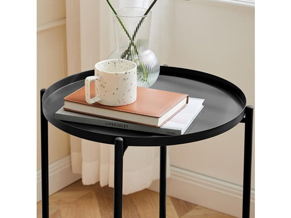 FANCIAL ROUND SIDE TABLE METAL SMALL BEDSIDE NIGHTSTAND - BLACK - Like New