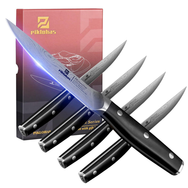 PIKLOHAS STEAK KNIVES SET OF 4, 4.5", GERMAN/SHARPED EDGE - BLACK - Brand New