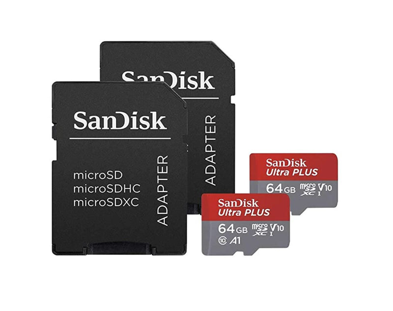 SanDisk 2x64GB Ultra Plus MicroSDXC UHS-1 Cards with SD Adapters - RED/GRAY - Brand New