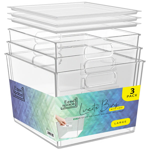 EZEE SPACE 3PK CLEAR PLASTIC STORAGE BINS WITH LIDS - 8X10 - CLEAR - Like New