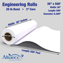 ALLIANCE WIDE FORMAT PAPER BOND ENGINEERING ROLLS 2 ROLLS 36 IN X 500 FT - WHITE - Like New