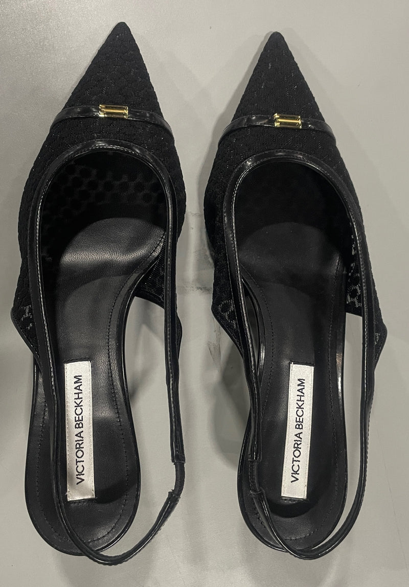 VICTORIA BECKHAM,LEATHER-TRIMMED MESH SLINGBACK PUMPS SIZE: WOMEN 9 - BLACK - Like New