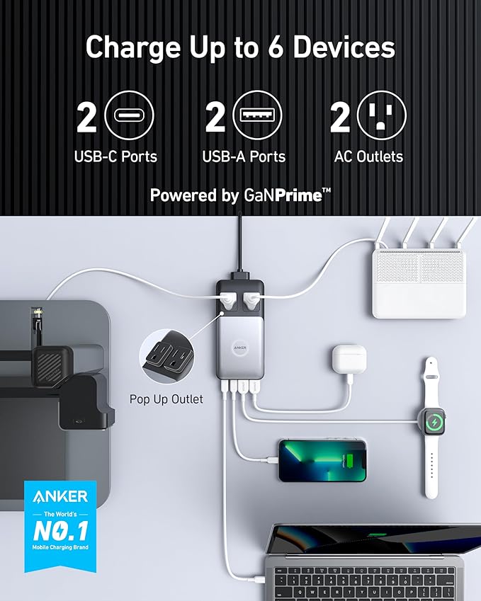 Anker 727 Charging Station GaNPrime 100W Compact Power Strip A9126 - Black/Gray - Like New