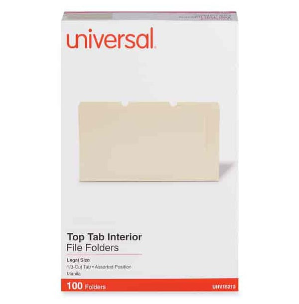 UNIVERSAL INTERIOR FILE FOLDERS, 1/3-CUT TABS LEGAL SIZE, 9.5-PT MANILA, 100/BOX - Brand New