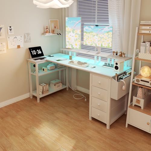 LUFEIYA WHITE L SHAPED COMPUTER DESK WITH FABRIC DRAWERS 55 INCH - WHITE - Like New