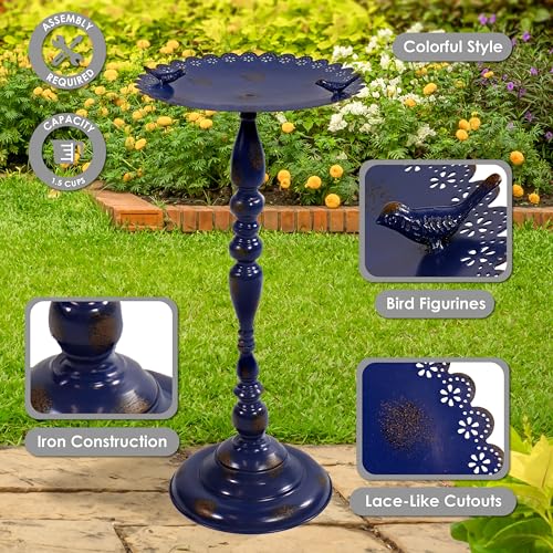 Sunnydaze Feathered Friends Iron Pedestal Bird Feeder - Blue - 26" H - Like New
