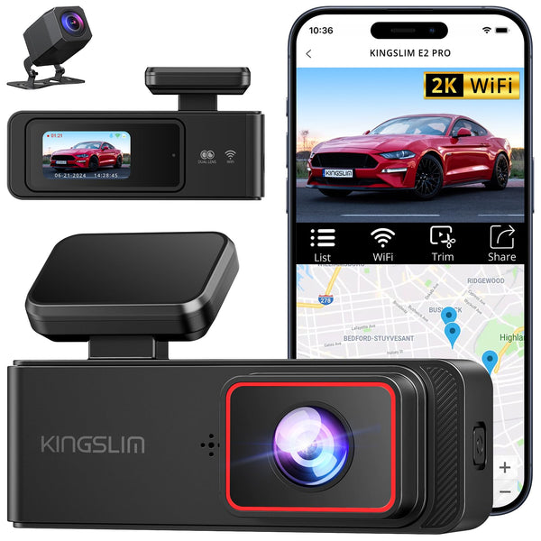KINGSLIM DASH CAM FRONT REAR 2K+1080P MINI WIFI DASH CAMERA E2PRO - BLACK - Like New