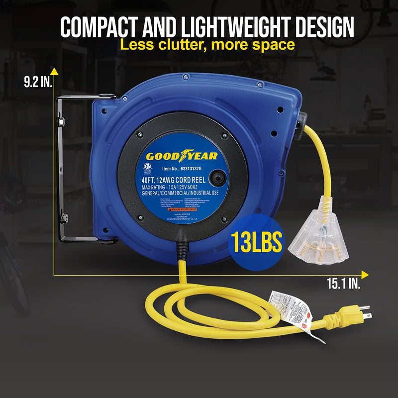 Goodyear Extension Cord Reels (12AWG x 40FT w/LED Light-Up Tap) 63313132G - Blue Like New