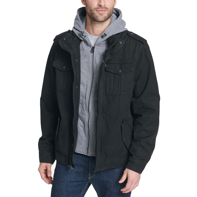 LEVI'S MEN'S WASHED COTTON HOODED MILITARY JACKET MEN 2XL BLACK - Brand New