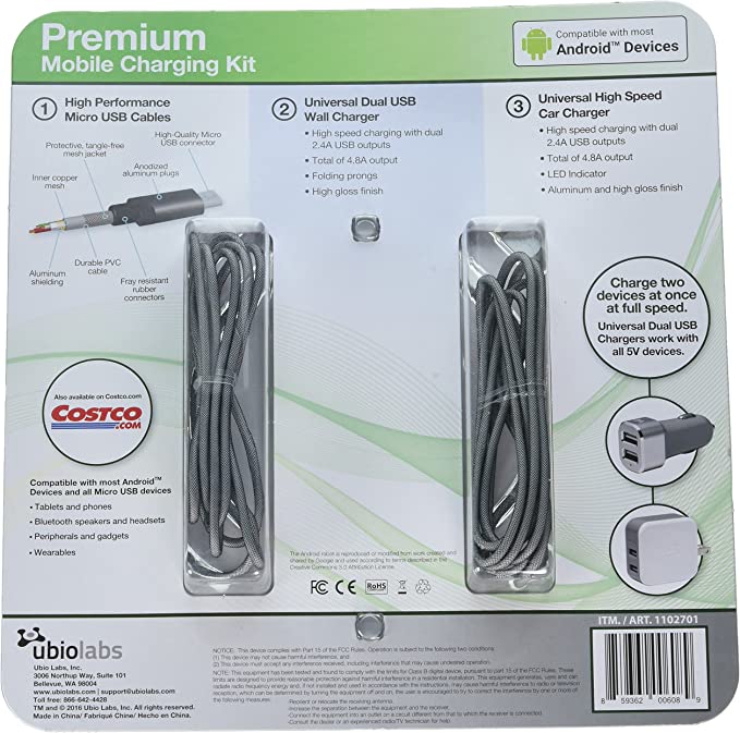 Ubiolabs Dual Wall and Car Charger Kit with 2 6ft Micro USB Woven Cables 1102701 - Brand New