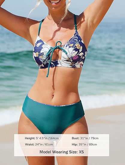 CUPSHE 2 PC REVERSIBLE LACE UP SWIMSUIT - SIZE: WOMEN M - TEAL AND FLORAL - Brand New